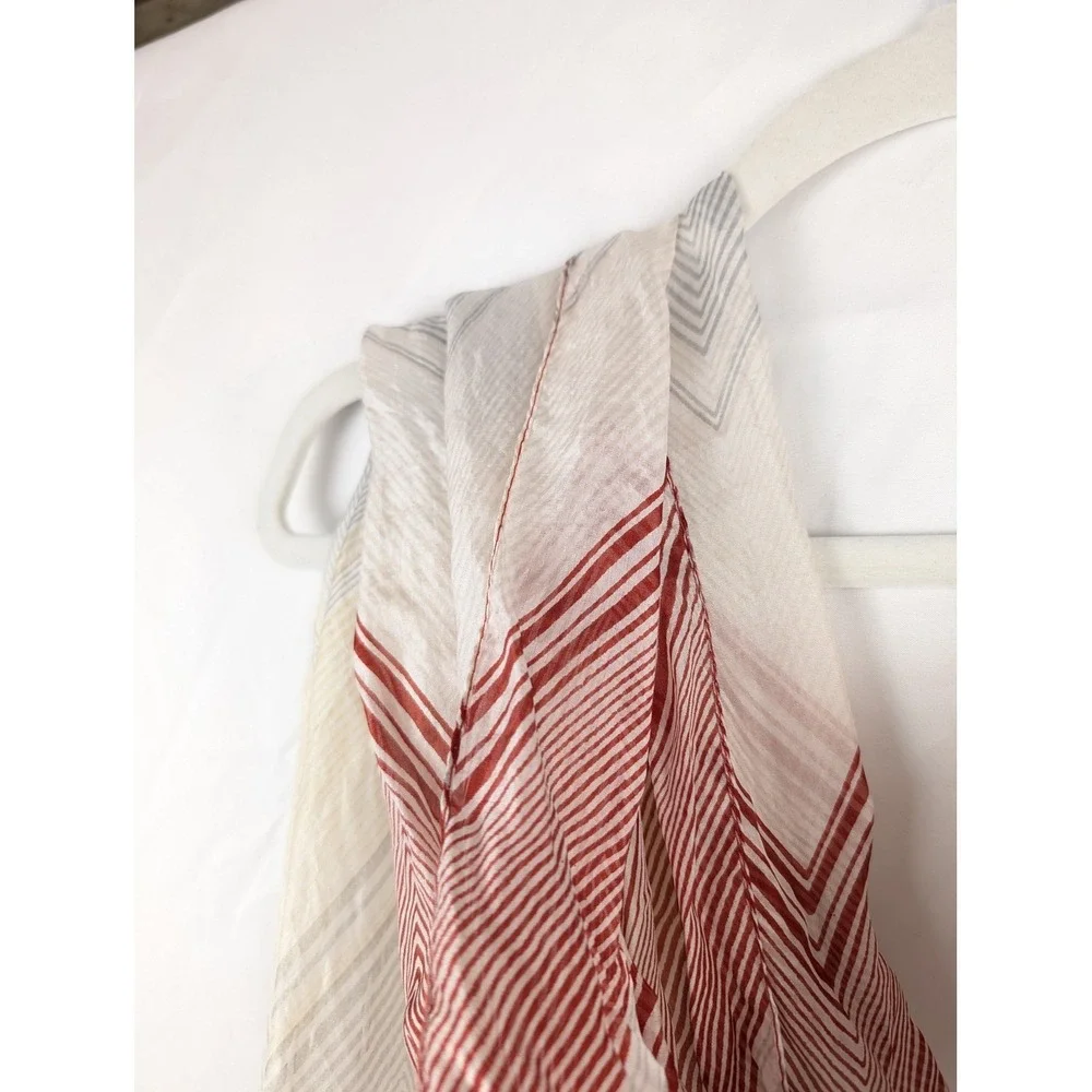 Vintage Indus 100% Silk Scarf 19‎ x 62 Cream Red Striped Chevron Boho Shawl Wrap